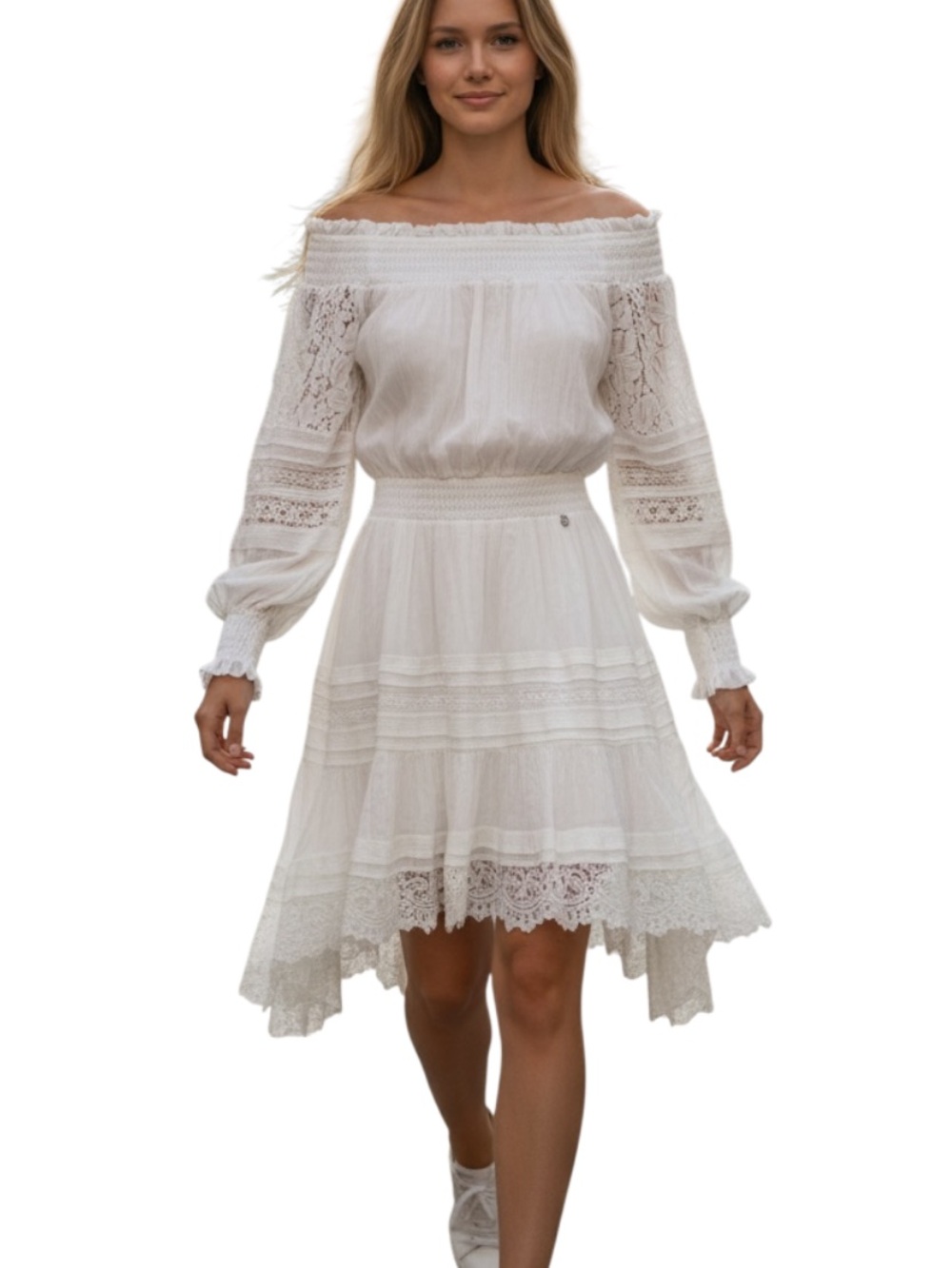 Guess Off-Shoulder White Lace Long-Sleeve Dress